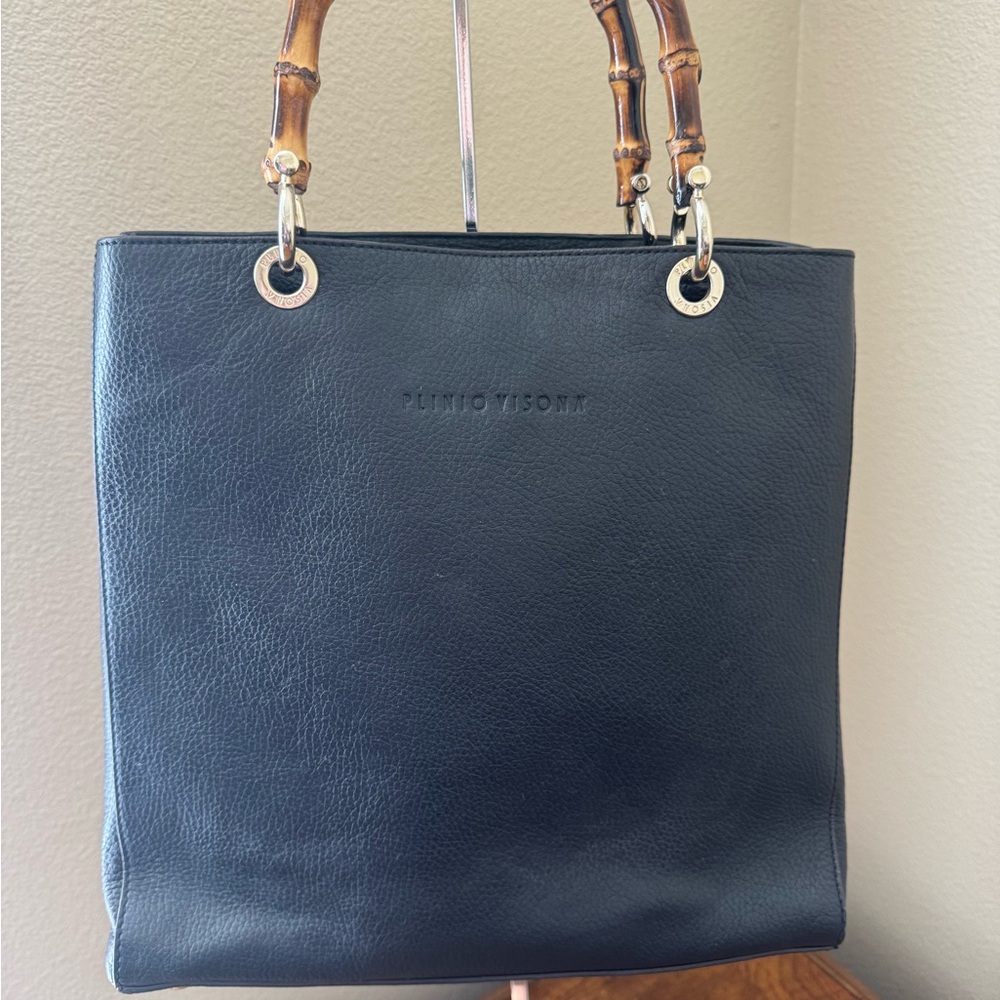 Plinio Visona Black Tote with Bamboo Handles